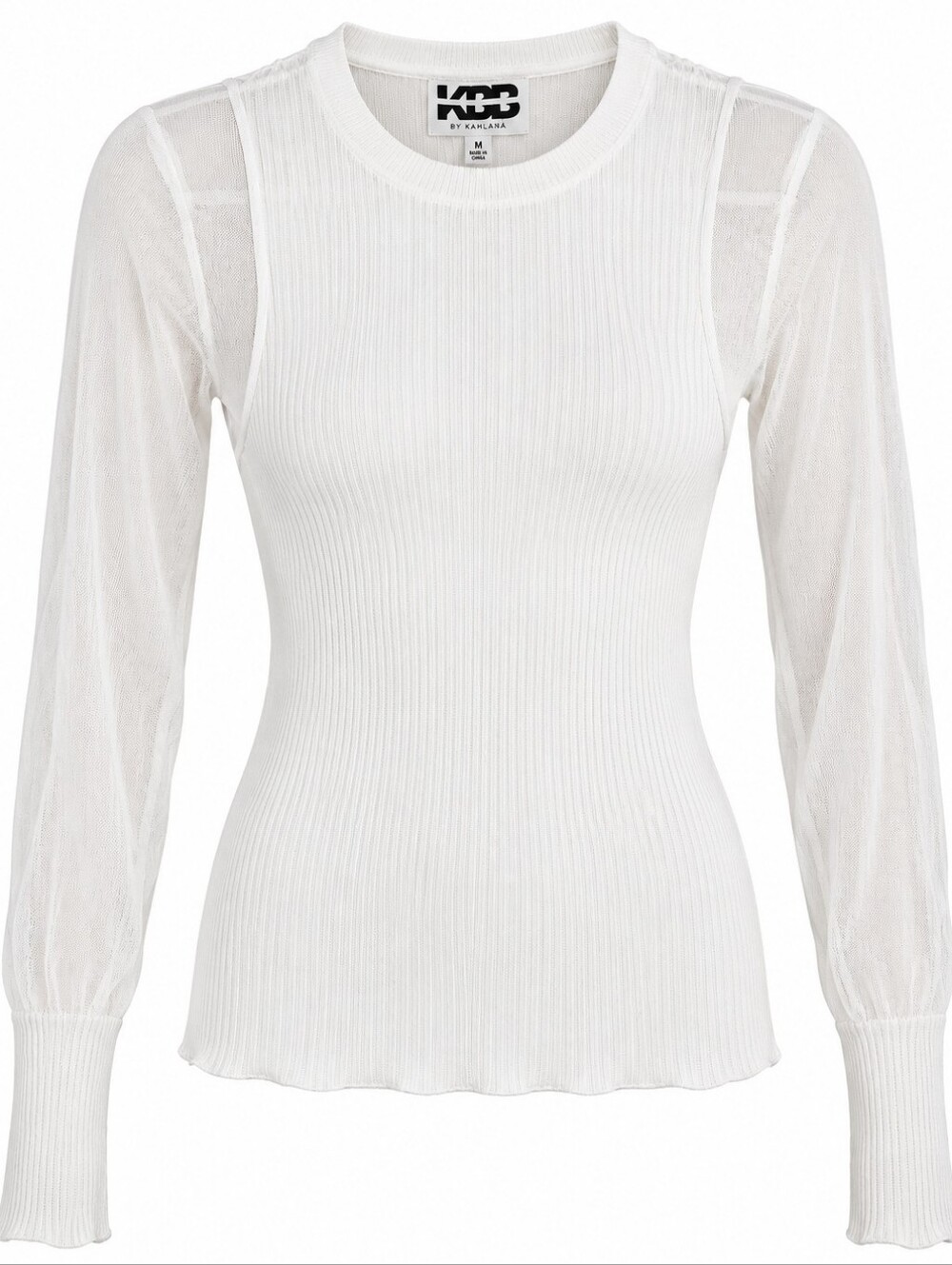 NWT KBB by Kahlana White Sheer Ribbed Long Sleeve Fitted Knit Top M Clean Girl